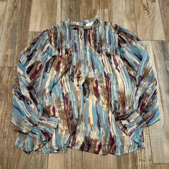 Entro Abstract Smocked Neck Blouse - Picture 1 of 3